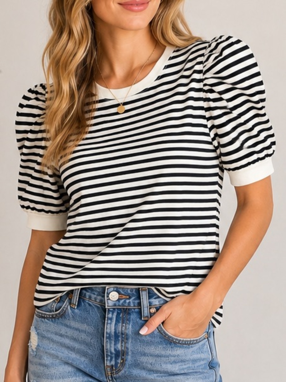 The Drop Black White Stripe Puff Sleeve Cotton Stretch Top NWT XL